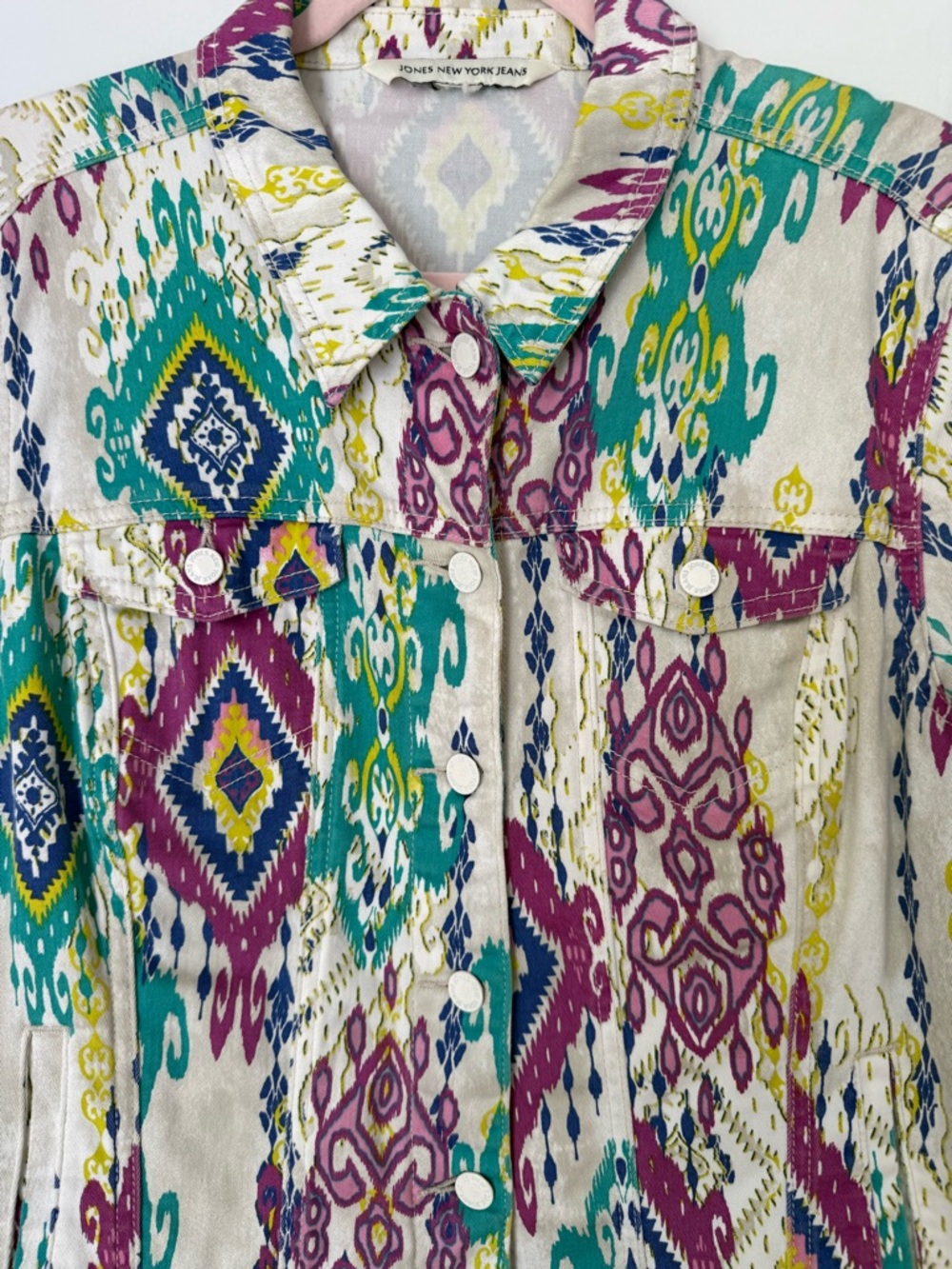 Jones New York Jeans Ikat Print Denim Jacket Boho Festival Anthropologie Style
